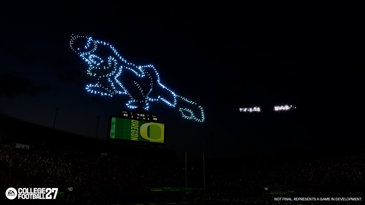 CFBKings's tweet photo. Oregon's mascot doing pushups in a new drone show in CFB27 🦆 https://t.co/SxFUZYgfoX