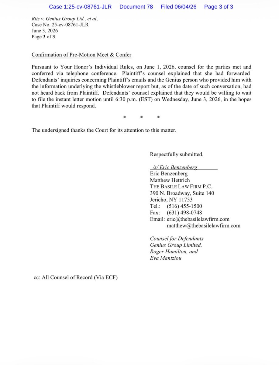 Ohitskaykay_St's tweet photo. $GNS [UPDATE]

Ritz v Genius Group Limited, Roger Hamilton and Eva Mantziou

&

Genius Group Limited v Ritz (+ Moe) - Countersuit

Peter Ritz has been caught in what appears to be a web of serious lies and evasions, forcing the court to step in and schedule an emergency hearing. Genius Group, Roger and Eva's legal team rightfully demanded that Ritz be forced back into a deposition to explain himself after uncovering major fabrications in his story. 

Judge Jennifer L. Rochon recognized the urgency of the situation and immediately ordered both sides to appear for a virtual conference on June 12, 2026, to address Ritz’s highly suspicious behavior before the fast-approaching discovery deadline.

The implications of these discoveries are devastating for Ritz and completely vindicate Genius Group, Roger, and Eva. 

First, it exposed that Ritz flat-out lied about his employment details; he claimed under oath that he worked out of a New York WeWork office, but official records from WeWork prove the office was evicted months before he was even hired. 

Second, Ritz’s supposed "whistleblower" claim completely falls apart under scrutiny, as he attributes his data to a mysterious, nameless woman on a Zoom call whom he claims he cannot remember. 

Finally, it was discovered that Ritz hid an entire separate email account from the court, strongly suggesting he is actively concealing evidence that would clear their names.

Genius Group, Roger, and Eva heavily benefit from this development, as it completely exposes the lack of credibility and integrity behind the lawsuit against them. 

By uncovering these massive contradictions and hidden emails, the defense has shifted the spotlight directly onto Ritz's dishonesty, giving the opposing side tremendous leverage to potentially get this meritless case thrown out entirely. 

Meanwhile, Ritz's own lawyers had to embarrassingly admit to the judge that they cannot even get their own client to answer their calls or address these serious findings.

The next step is the June 12 federal court hearing, where Judge Rochon will demand answers regarding Ritz’s evasive behavior and hidden email account. Given the undeniable proof of misconduct the opposing side has put forward, the judge is highly expected to grant the motion and force Ritz into a supplemental deposition. 

There, under intense legal pressure, Ritz will be held accountable and forced to answer for his WeWork claims, his imaginary mystery source, and his hidden communications.