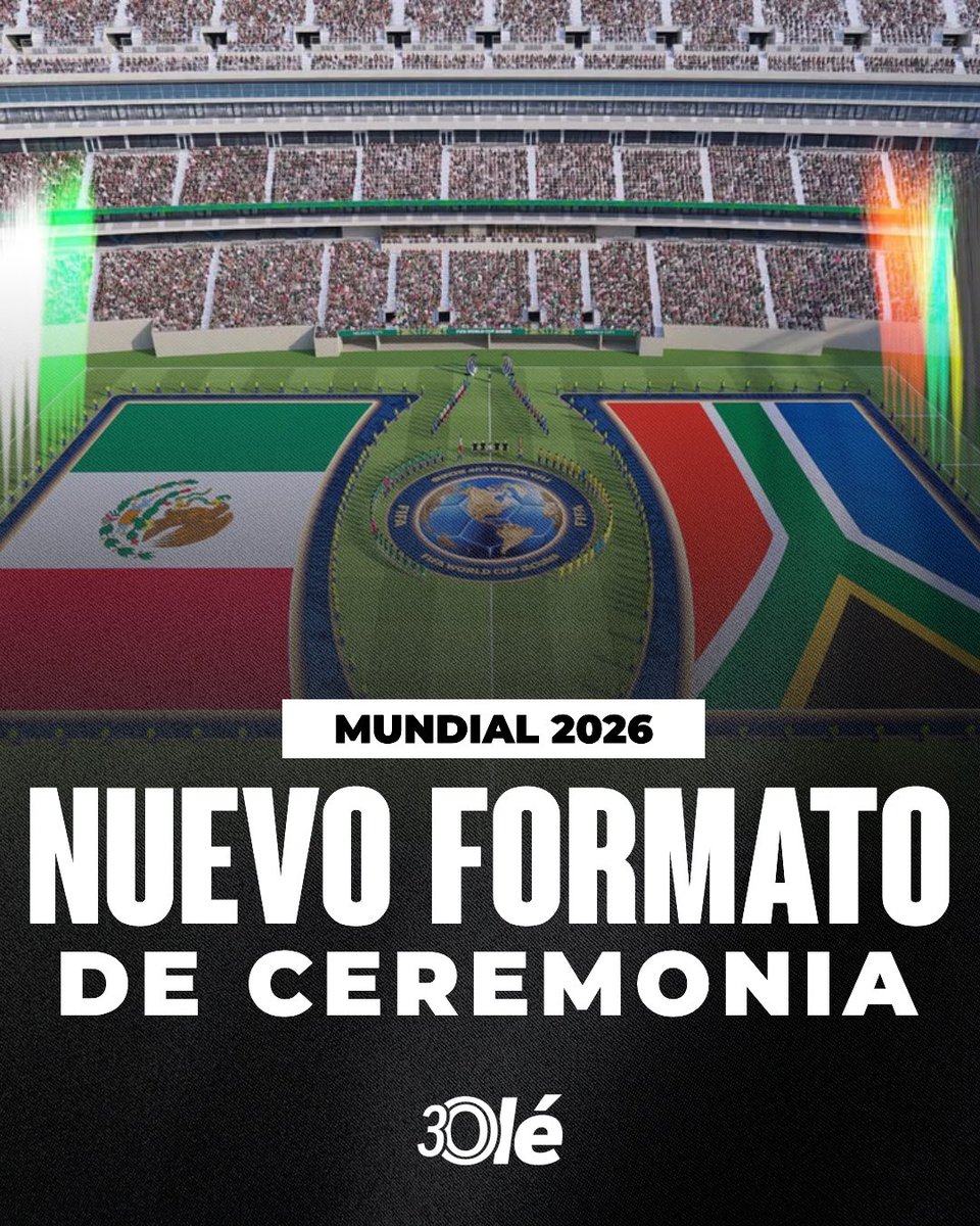 DiarioOle's tweet photo. NUEVO FORMATO DE CEREMONIA EN EL MUNDIAL 2026 🏆🆕

➡️ Todos los jugadores y los árbitros se ubicarán frente a frente en el círculo central durante los himnos nacionales

➡️  A su vez, en la previa se desplegarán banderas de ambos países, de gran tamaño 

➡️  "También habrá nuevos elementos visuales, desde arcos de ingreso para los jugadores hasta banderas de mano", oficializó Gianni Infantino