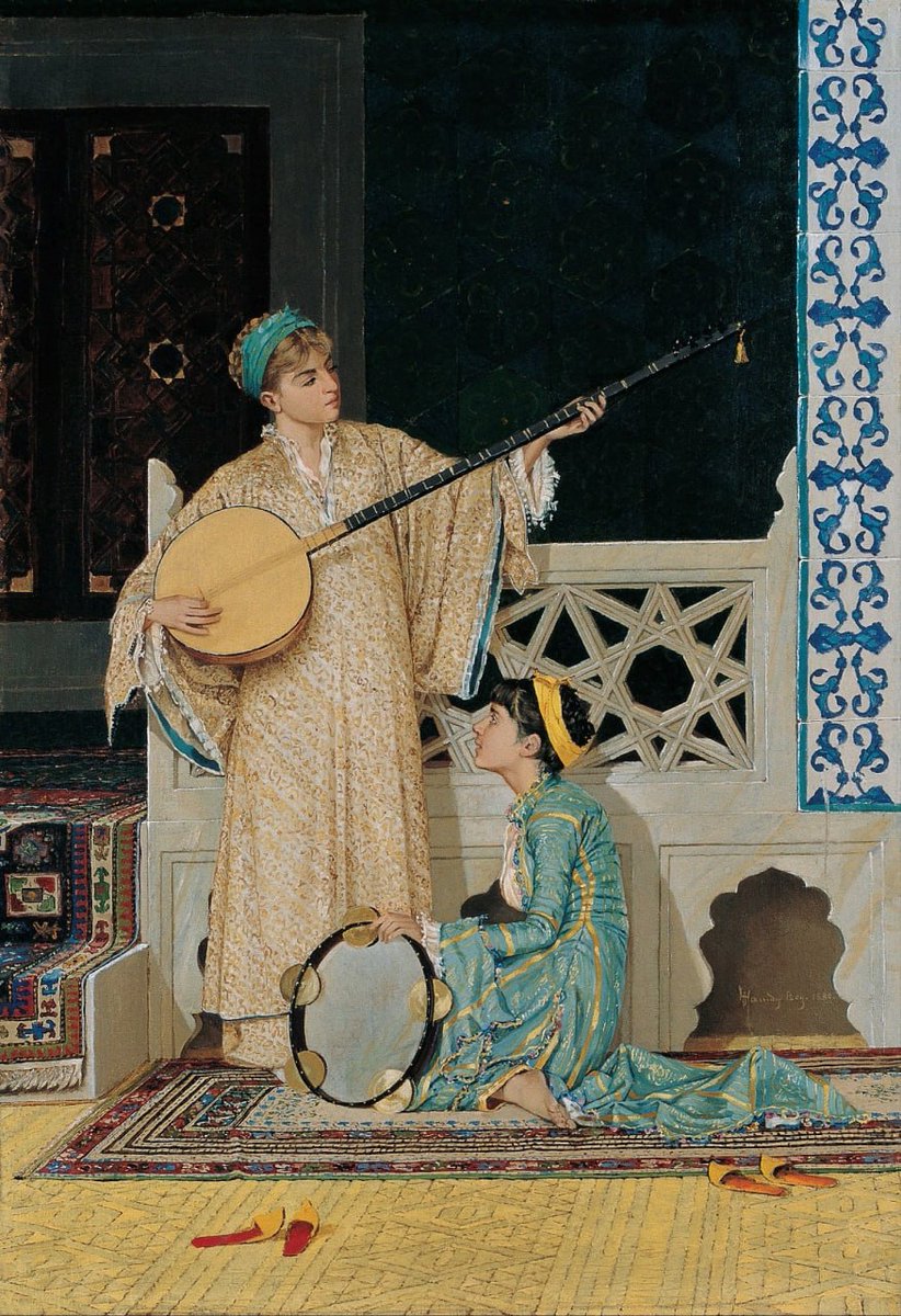 etnologiaart's tweet photo. ❁ “Duas garotas musicistas” (1880), do artista turco Osman Hamdi Bey.

A pintura é interessante por mostrar duas garotas com trajes tradicionais turcos.

O grande instrumento de cordas é membro da família do alaúde e o pandeiro é um daf, bastante característico do Oriente Médio. https://t.co/uJRwXxciu6
