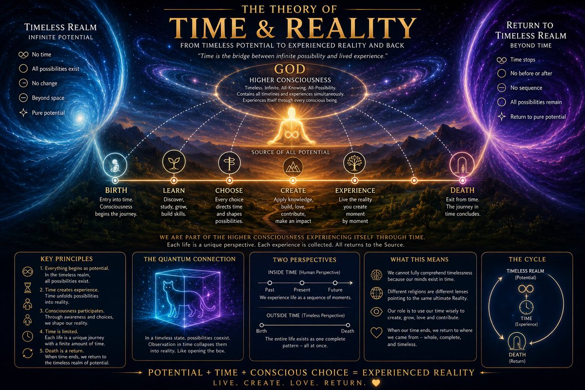 nicksadowski's tweet photo. I’ve spent years fascinated by quantum physics, consciousness, reality, and God.

My exploration of these subjects has gradually led me toward a philosophical position in which belief in God is not grounded in the idea of a human-like deity, but in the possibility of a higher form of consciousness that transcends time, space, and matter.

This perspective has inspired a philosophical framework I call the Time Manifestation Theory.

At its foundation are three key concepts:

Potential: the totality of possibilities that could exist but have not yet become actualized.
Time: the process through which possibilities unfold into concrete events and experiences.
Consciousness: the capacity for awareness and choice, through which experience is interpreted and, potentially, influenced.

From these definitions, the theory develops through a series of propositions.

First, if time is understood as the condition that allows change and sequence, then one may speculate that prior to time there exists only infinite potential—a state in which all possibilities are present but none are yet realized.

Second, time functions as the medium through which potential becomes experience. What is merely possible gradually becomes actual through temporal unfolding.

Third, consciousness is not a passive observer of this process. Through perception, intention, and choice, conscious beings participate in the realization of possibilities. Choice therefore serves as a bridge between potential and lived experience.

From this perspective, reality can be understood as the continuous manifestation of possibility through time. The world is not a fixed structure but an ongoing process of becoming.

The theory further suggests that individual consciousnesses may be temporary perspectives within a larger, more fundamental consciousness. In this view, human experience represents one way in which a higher consciousness encounters and explores its own possibilities.

This idea also offers a particular interpretation of death. Rather than being an absolute end, death may represent the conclusion of an individual’s temporal perspective and a return to the timeless source from which consciousness emerges.

The central principle of the theory can be summarized as:

Potential + Time + Conscious Choice = Experienced Reality

If such a framework has merit, it may also provide a way of understanding religious diversity. Different religious traditions could be interpreted as distinct symbolic and cultural lenses through which humanity attempts to relate to the same ultimate reality—a reality that transcends time, matter, and ordinary experience.

Whether this theory is ultimately correct remains an open question. Nevertheless, it offers a way of integrating scientific curiosity, philosophical inquiry, and spiritual reflection into a coherent account of consciousness, reality, and existence.

What do you think?

#Consciousness #QuantumPhysics #Philosophy #God #Reality #Time #Spirituality