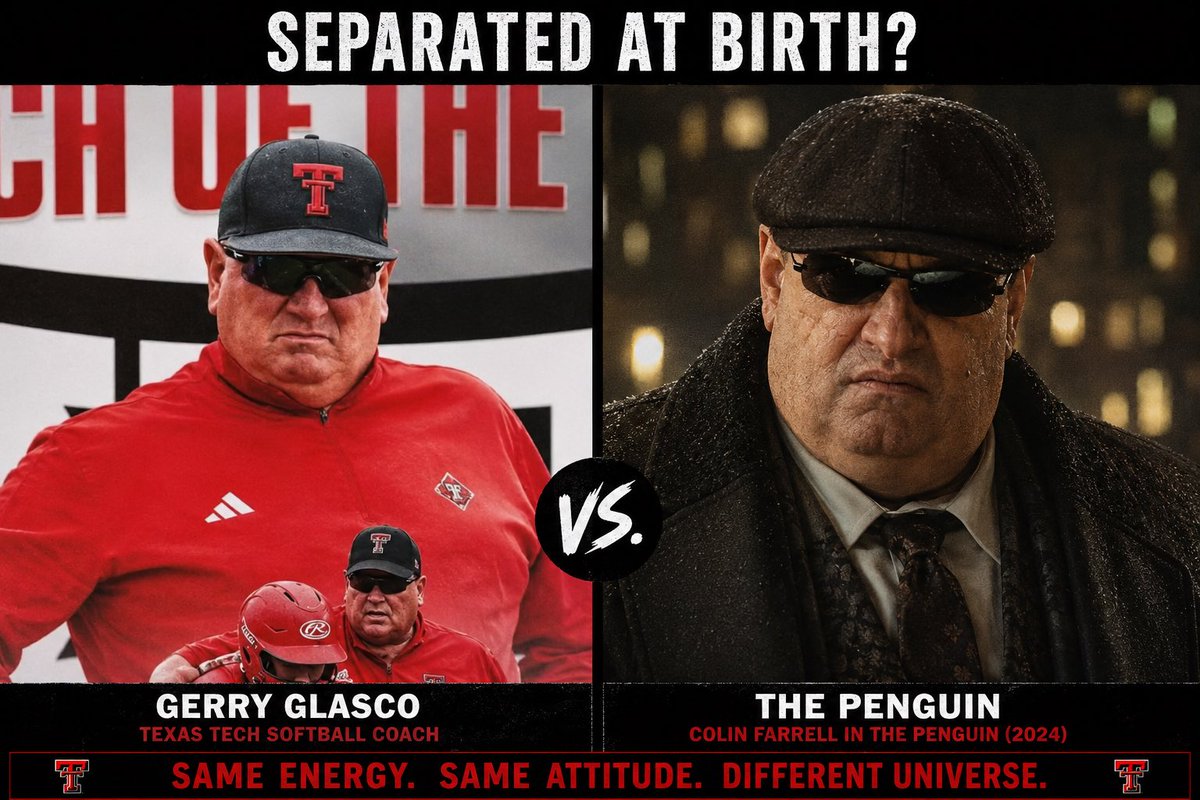 _CoachQWilson's tweet photo. When Gerry Glasco said “If softball needs me to be the villain, I'm all about it.” It made me wonder why he hasn’t been compared to the Penguin yet! Wreck Em Tech! *Ai was used* https://t.co/qRHyID3NnN
