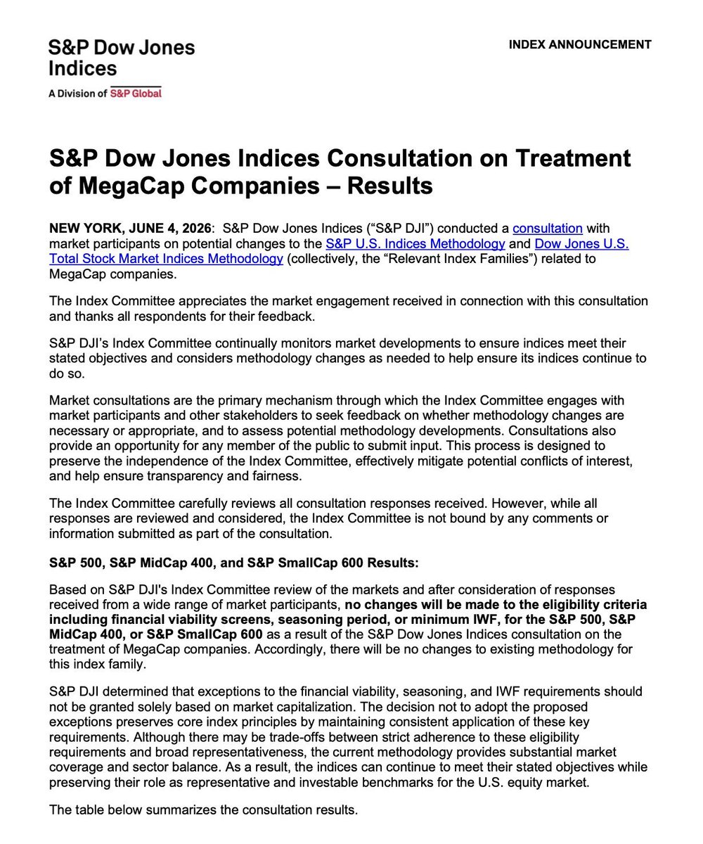 pizarradeandres's tweet photo. Oficial: No habrá cambios metodológicos en el S&P 500. El S&P DJI deniega las excepciones de rentabilidad y tiempo exigidas para la entrada exprés de empresas gigantescas. 🛑

NO habrá trato de favor ni atajos para que las "MegaCap" (como SpaceX) entren rápido al S&P 500. Deberán cumplir estrictamente los 12 meses post-OPI y ser rentables bajo criterios GAAP. ❌

Con esta decisión, el S&P 500 no podrá incluir a SpaceX al menos hasta junio de 2027.

Parece que todavía queda algo de sensatez en el Wall Street... Que opinais?👀👇 $SPY $VOO