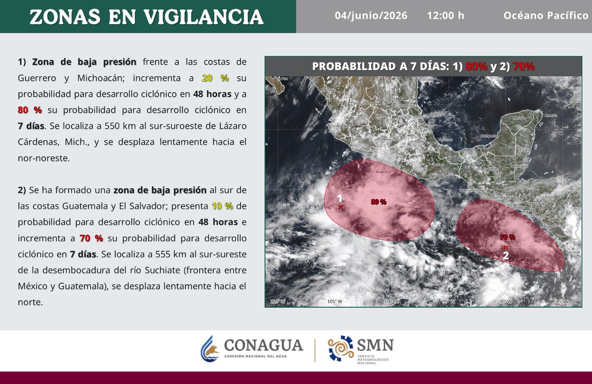 RUTHMARO's tweet photo. Vigilancia por dos zonas de baja presión en el O.Pacífico podrían convertirse en ciclones @conagua_clima https://t.co/tQjh9CEIUZ