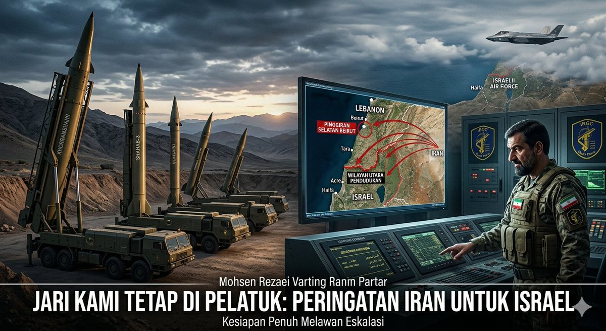 SoftWarNews's tweet photo. Mohsen Rezaei, penasihat Pemimpin Tertinggi Iran untuk urusan militer, menyatakan kepada televisi Iran bahwa negaranya sepenuhnya siap menghadapi segala bentuk eskalasi. Ia juga memperingatkan Israel agar tidak "melakukan kesalahan apa pun terhadap pinggiran selatan Beirut."

Rezaei menegaskan:

“Satu langkah saja musuh bergerak menuju pinggiran selatan Beirut, kami akan mengubah wilayah utara pendudukan menjadi neraka—dengan kekuatan yang berkali-kali lipat lebih besar daripada yang terlihat selama perang 40 hari.”

Ia menekankan bahwa “seluruh rudal telah disiagakan untuk skenario ini.”

Rezaei kembali memperingatkan Israel untuk segera menarik diri dari Lebanon, sembari menambahkan, “jari kami tetap berada di pelatuk.”