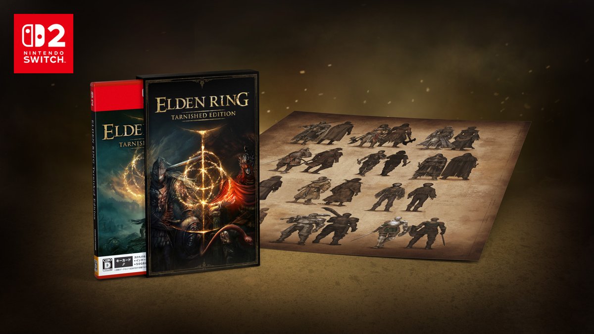 fromsoftware_pr's tweet photo. Nintendo Switch 2 『ELDEN RING Tarnished Edition』パッケージ版の予約受付を随時開始しています。ゲームソフトに加え、特典の「素性＆地図ポスター」と「ジェスチャー（コード）」を、「オリジナル専用ケース」に同梱した数量限定の特別パッケージをご用意しています。

※ダウンロード版は6月11日（木）0時より予約受付を開始予定です。