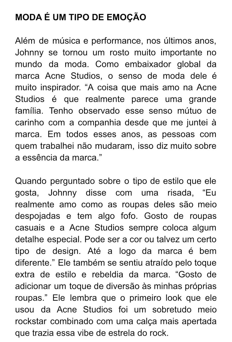 JohnnySuhBrazil's tweet photo. [#TRAD] 04.06.26 - Johnny Suh: Sendo você mesmo nesse mundo caótico | GQ 

“Gosto de roupas casuais e a Acne Studios sempre coloca algum detalhe especial. Pode ser a cor ou talvez um certo tipo de design.”

#JOHNNY #JOHNNYSUH #쟈니 #ジャニー #NCT127 #NCT https://t.co/0mFjf2pnG0