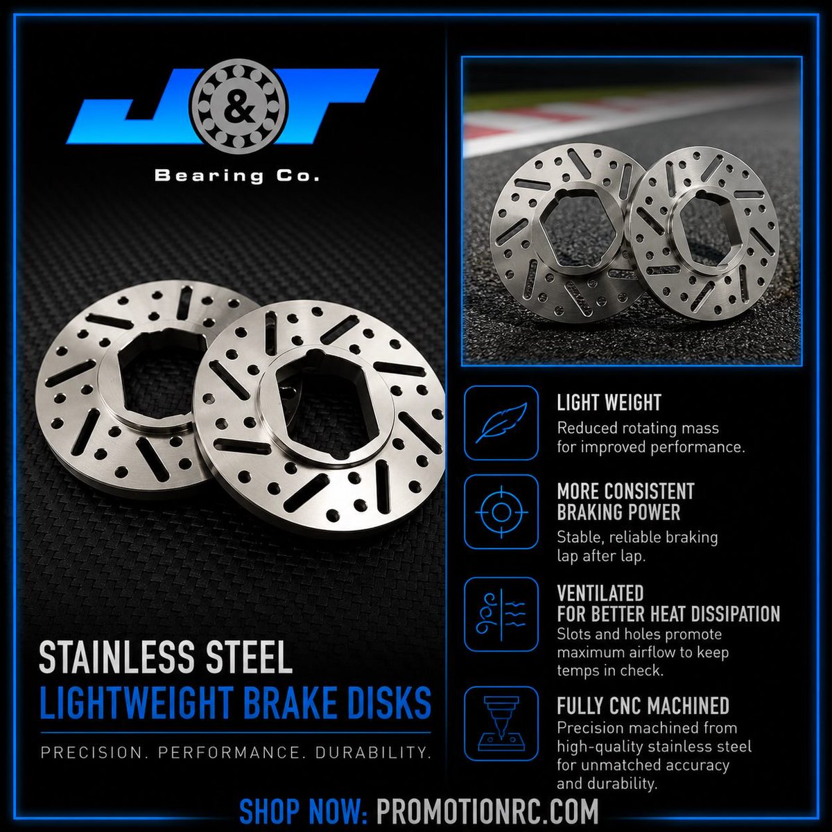 LiveRC's tweet photo. The J&amp;T Lightweight Brake Disks are manufactured from premium 304 stainless steel, this rotor was developed through extensive real-world testing to provide more consistent braking performance throughout a run. https://t.co/r4IvPHQ56a https://t.co/JO5CpFtYrv