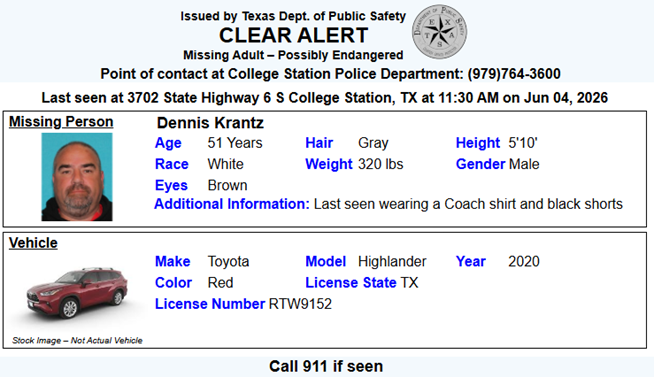 TX_Alerts's tweet photo. ACTIVE MISSING ADULT ALERT for Dennis Krantz from College Station, TX, on 6/4/2026, Texas plate RTW9152. https://t.co/KprEkoo1Wb