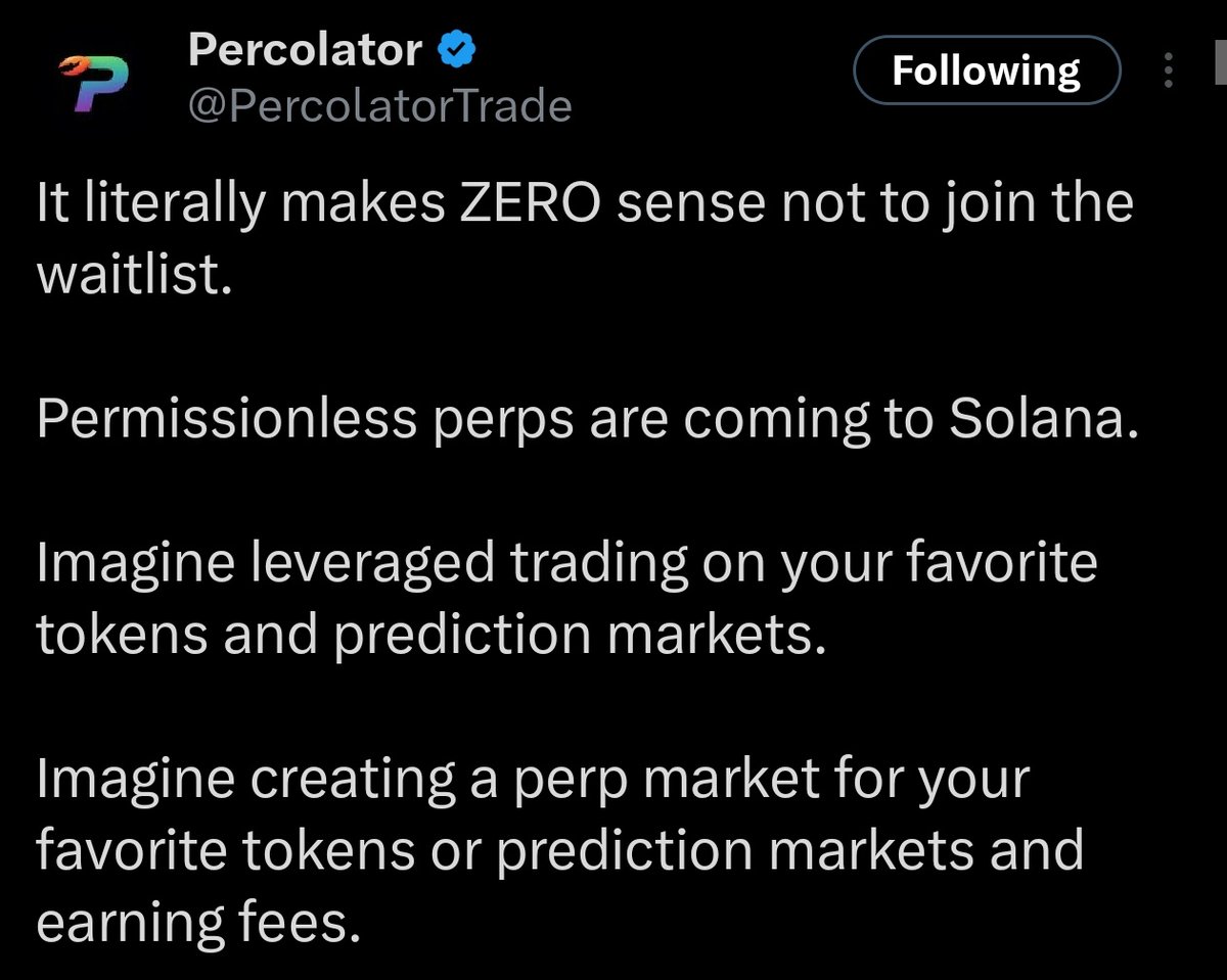 Airdropinsider_'s tweet photo. 🚨 [Early Alpha] Percolator Waitlist is LIVE 👀🪂

💸 Cost: FREE
🎁 Reward: Confirmed Airdrop

🤝 Backed by investors including @toly, Co-Founder of Solana Labs

@PercolatorTrade is building permissionless perpetual futures on Solana, allowing markets for any token with a DEX liquidity pool

✍️ How to Join 👇

🔗 Register Here:
https://t.co/UzEXq0DNge

🎟 Invite Code:
4GSTYFE9

✅ Connect your Solana wallet
✅ Enter invite code: 4GSTYFE9
✅ Add your X username (optional)
✅ Sign the message
✅ Join the waitlist

🎉 Done

📌 About Percolator

– Permissionless perps
– Solana ecosystem
– Markets for long-tail assets
– Early-stage participation

As always, no airdrop has been officially confirmed, but early waitlist participation is often one of the first steps users take when positioning for future ecosystem rewards 👀

📢 More Alpha: https://t.co/uQsknz2o2y

💙 Like
🔁 RT