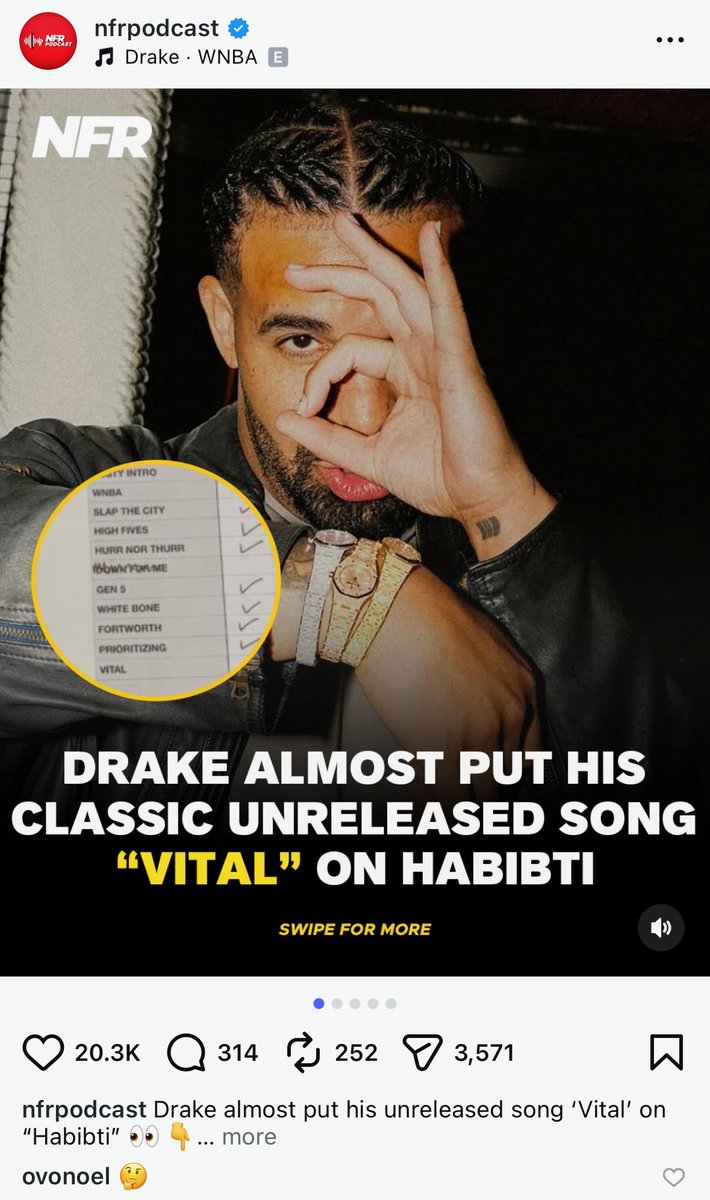 KINGJARED300's tweet photo. OVO Noel comments on @nfr_podcast post about Vital 🤔 wonder if this song will make the cut one day, time for a Care Package 2 https://t.co/O3VHmdrLtU
