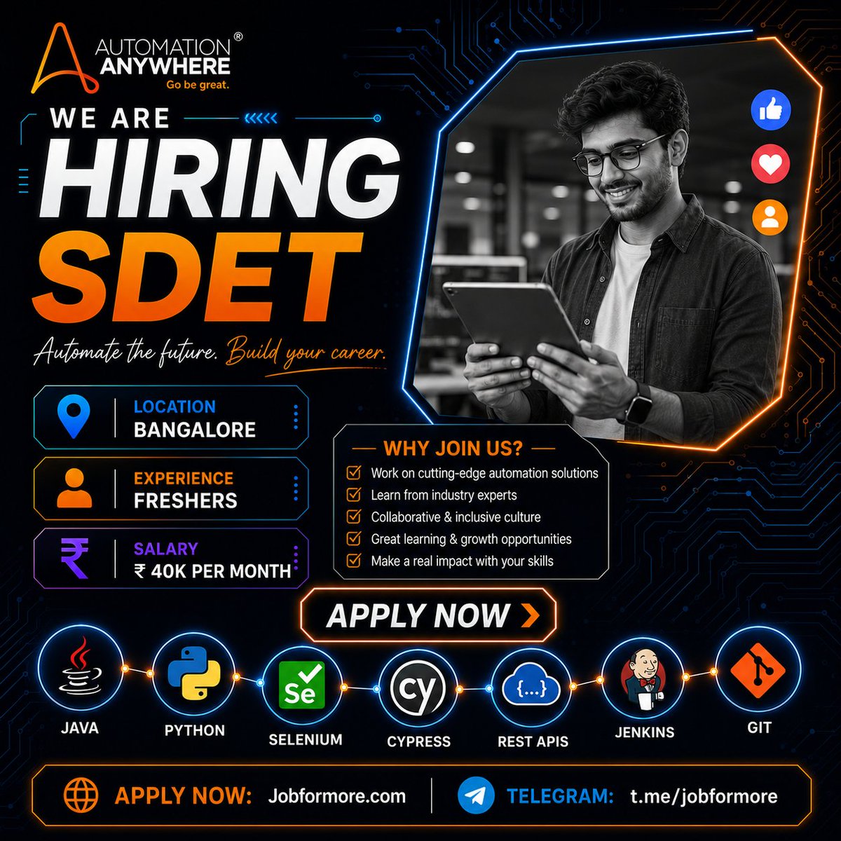 jobformore's tweet photo. 🚀 SDET @ Automation Anywhere
📍 Bangalore | Freshers
🎓 Bachelor’s/Master’s in CS, SE, AI/ML
🔧 Java, Python, Selenium, Cypress, REST APIs, Jenkins, Git
💰 INR 40k per month

#Jobformore #AutomationAnywhere #SDET #Freshers #Hiring

Apply: https://t.co/lQUSR7PuHy https://t.co/2odnERIKUx