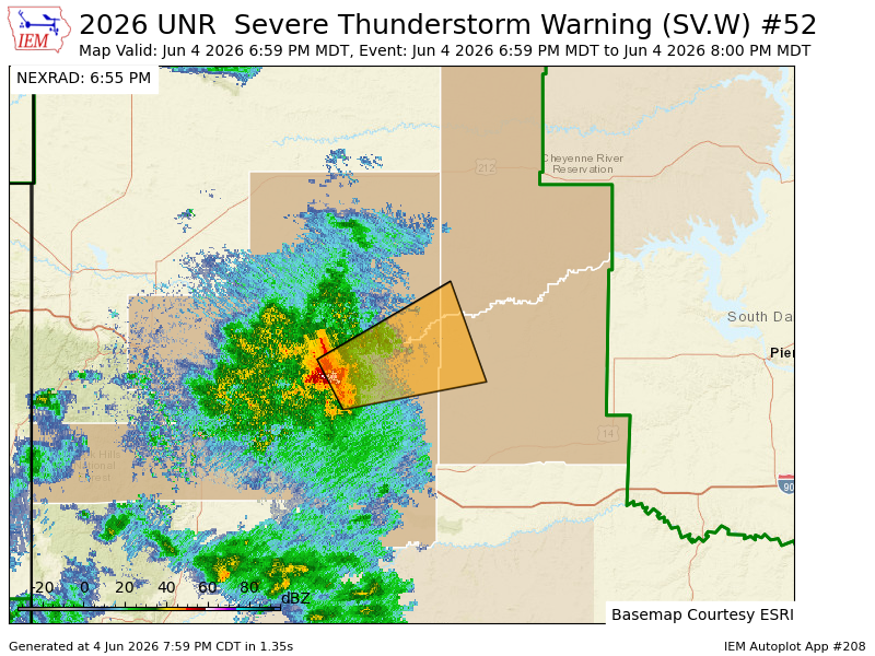 shawncable's tweet photo. UNR issues Severe Thunderstorm Warning [wind: 60 MPH (RADAR INDICATED), hail: <.75 IN (RADAR INDICATED)] for Haakon, Meade, Pennington, Ziebach [SD] till Jun 4, 8:00 PM MDT https://t.co/AV2lCaaceY https://t.co/HdODTEUoZ3