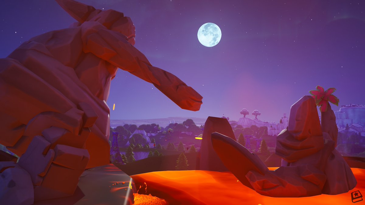 FN_Assist's tweet photo. The Rock People continue their hike in #Fortnite OG around the volcano's terrain! Now one is crossing the lava river with the flower while the other pulls them across. 🪨🌋 https://t.co/sJYYxkCyxa