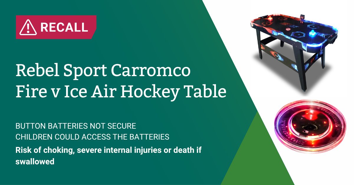ACCCProdSafety's tweet photo. If you own a Fire v Ice Air Hockey Table, stop use immediately: they have been recalled. The battery compartment in the pucks is not secured and children could access the button battery. There is a risk of serious injury or death from choking. https://t.co/K4XJ3XA5de https://t.co/TOaaOlBR1B