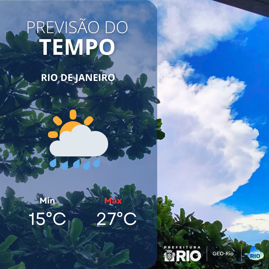 AlertaRio's tweet photo. TEMPO AMANHÃ |

Nesta sexta-feira (05/06), céu nublado a parcialmente nublado e previsão de chuvisco/chuva fraca isolada até a tarde. Os ventos estarão fracos a moderados. Temperatura mínima prevista de 15°C e máxima de 27°C.➡️https://t.co/50NUZFylaH https://t.co/5nexRPsrma