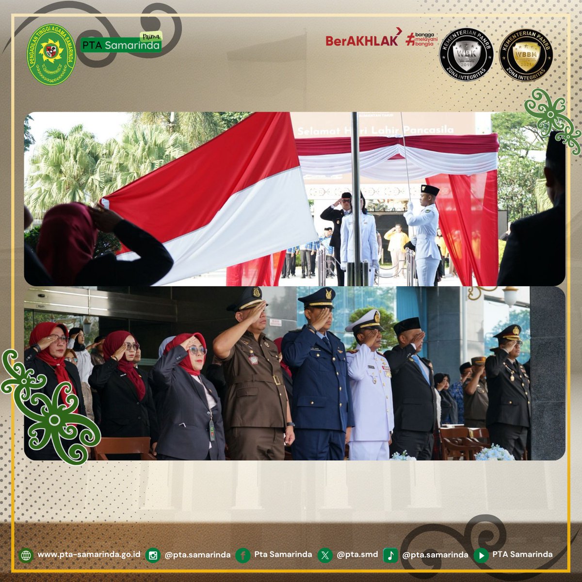ptasmd's tweet photo. Senin, 1 Juni 2026 
Wakil Ketua Pengadilan Tinggi Agama Samarinda, YM Ibu Dr. Dra. Lilik Muliana, M.H., menghadiri Upacara Peringatan Hari Lahir Pancasila Tahun 2026 yang dilaksanakan di halaman Kantor Gubernur Kalimantan Timur, Jalan Gajah Mada, Samarinda.  

Adm M.A https://t.co/hhxrN8zZJ6