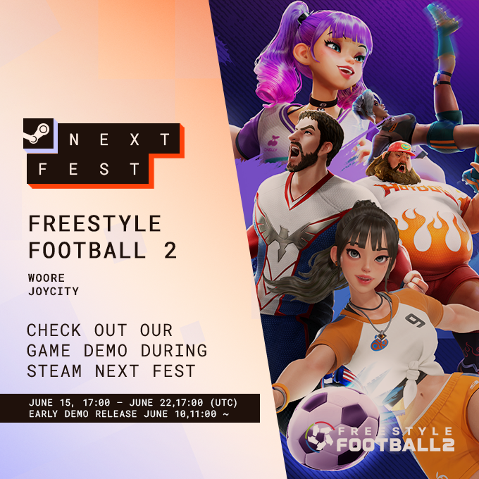 FSF2_Official's tweet photo. 📢 FreeStyle Football 2 Joins Steam Next Fest! Early Demo Build Release Announcement

Hello, Agents!

We are absolutely thrilled to announce that FreeStyle Football 2 will be participating in Steam Next Fest, the ultimate global celebration where players get a first look at upcoming titles!

To thank all our Agents who have been eagerly waiting for this event, we are releasing our Demo build early on Wednesday, June 10th, ahead of the official Steam Next Fest kickoff.

The demo will be available on both PC and consoles. With a much longer play period this time around, you can jump in whenever you like and experience the fast-paced, heart-pounding matches of FreeStyle Football 2.

Check out the detailed schedule and how to join below.

📅 Early Demo & Steam Next Fest Schedule
🌐 Pacific Daylight Time (PDT)
- Early Demo Release: June 10, 2026, at 04:00 ~
- Steam Next Fest Period: June 15, 10:00 – June 22, 2026, at 10:00

🌐 Coordinated Universal Time (UTC)
- Early Demo Release: June 10, 2026, at 11:00 ~
- Steam Next Fest Period: June 15, 17:00 – June 22, 2026, at 17:00

🌐 KST (Korea Standard Time)
- Early Demo Release: June 10, 2026, at 20:00 ~
- Steam Next Fest Period: June 16, 02:00 – June 23, 2026, at 02:00

🎮 Available Platforms
PC: Steam, Xbox PC
Console: PlayStation 5, Xbox

🎁 Demo & SNF Participation Rewards
As a thank you, all Demo & SNF participants will receive these exclusive rewards at official launch!

1. 'Kickoff Football Gloves' Cosmetic Item
2. 'Known Kickoff' Profile Icon

※ Rewards will be credited to the account used to participate during the official launch.
※ Please note that the Demo build goes live on June 10th at 11:00 (UTC) and will remain playable through the end of Steam Next Fest until June 22nd at 17:00 (UTC).
※ To access the game, make sure to download the "FreeStyle Football 2 Demo" build, rather than the previously used Playtest build.
※ This Demo build is for testing purposes only. All player data will be wiped after Steam Next Fest concludes and will not carry over to the official launch.
※ Pre-downloads will not be available for this Demo build.

🌍 Regional Matchmaking & Inviting Friends
To ensure a smooth network environment, matchmaking is set to regional by default.

You can still team up and play with Agents from other regions. When partying up with players from different regions, matchmaking will be based on the party leader's region.

Please be aware that playing across different regions may cause ping spikes or latency depending on your network conditions.

🚀 Wishlist & Follow Us on Steam!
Want to get the latest updates and official launch news for FreeStyle Football 2 as fast as possible? Add us to your Steam Wishlist and follow our official channels today!

- Steam Store Page: FreeStyle Football 2 on Steam
- Discord: Join the FreeStyle Football 2 Official Discord Server!
- X: https://t.co/aEDPysx1wa
- Facebook: https://t.co/hLAG947KBo
- Instagram: https://t.co/lWuRRkOiKQ

Thank you for your incredible support!