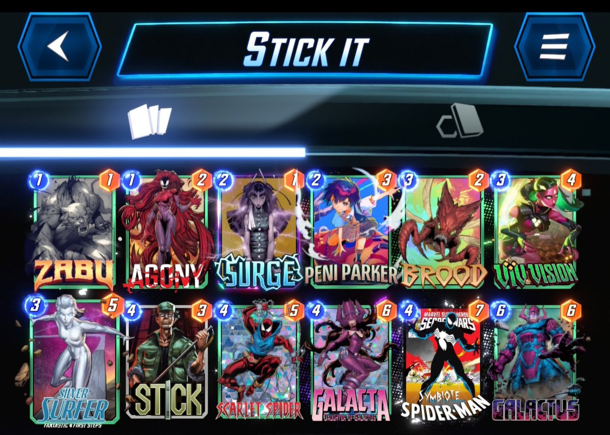 Mapo117's tweet photo. Day 2 infinlte

70-90 Silver Surfer
90-95 Tech Techno-Organic Virus
95-100 Galactus.

The Galactus deck is a high risk high rewerd deck in this particular Venus/Jeff meta.

If you have any questions, please feel free to to ask! https://t.co/xLzDrkpWtT