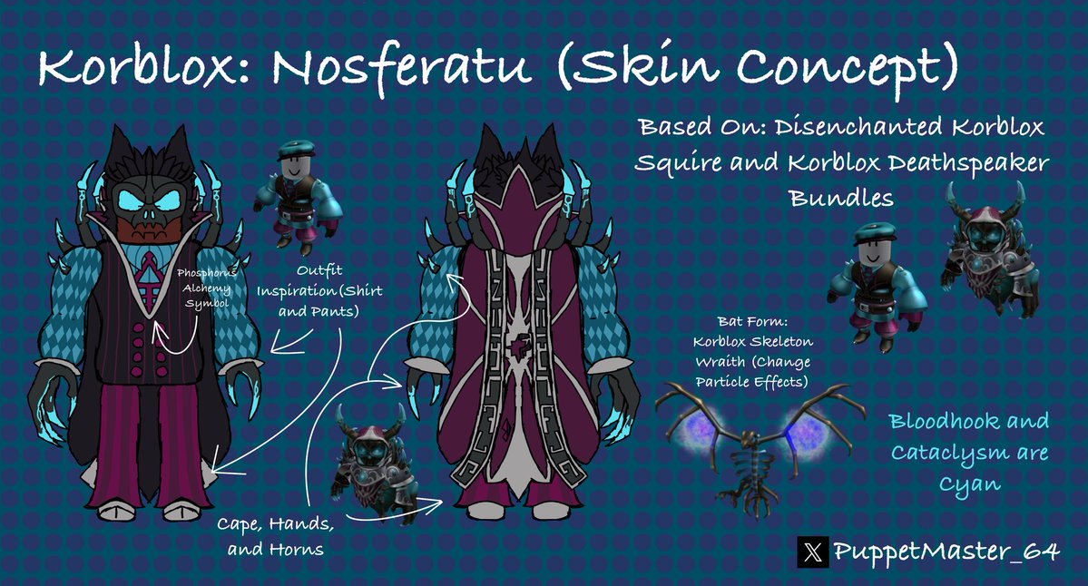 PuppetMaster_64's tweet photo. Korblox: Noferatu (Skin Concept)

This skin is based on the Disenchanted Korblox Squire and Korblox Deathspeaker Bundles
(+ The Korblox Skeleton Wraith for the Bat Form)
#forsaken #forsakenroblox #forsakenrblx #roblox #rblx #forsakenart #art #nosferatu #nosferatuforsaken #korblox https://t.co/WwZFlgSyi7