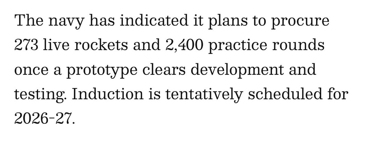 dotcom_1106's tweet photo. Indian Navy Invites Firms To Build Indigenous 𝟴𝟬𝗺𝗺 Rockets For MiG-29K 

-Plans to procure 𝟮𝟳𝟯 live rockets and 𝟮𝟰𝟬𝟬 practice rounds once a prototype clears development and testing

-Induction is tentatively scheduled for 2026-27
https://t.co/ToWg1goNim https://t.co/aaDow7q9ax
