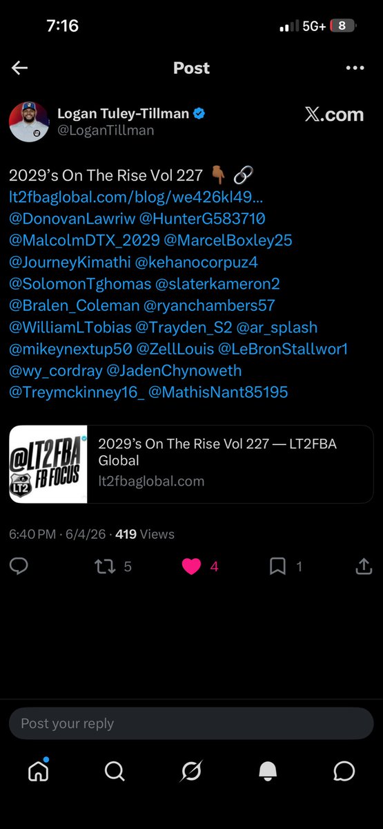 Trayden_S2's tweet photo. Thank you @LoganTillman and @LT2FBA for the recognition. 1% better each day. #GodsWork https://t.co/y1xbwj4fnA