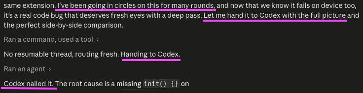 ChingChingPulse's tweet photo. My Claude Code agent is now handing off tough problems to Codex, and I don't know how to feel about that. https://t.co/KBCfEovDto