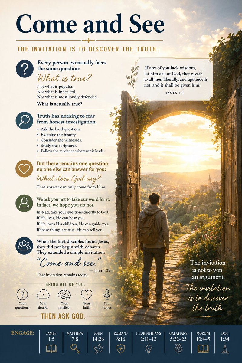 SimplyWithFaith's tweet photo. The first disciples did squabble or debate, they said simply, "Come and See!"

We don't expect anyone to take our word for it. In fact, we hope you do not. 
#FloodXwithTruth #SaintsOnX #BuildZionOnX #LDSX #LDX #ChurchOfJesusChrist #LDS https://t.co/0Px3WmRFJz