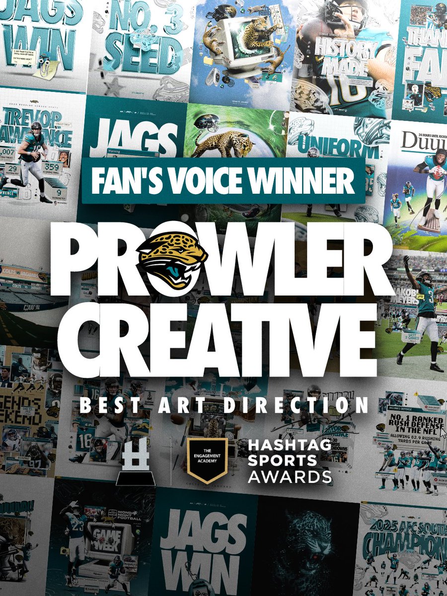 DevCarvajal's tweet photo. Huge shoutout to the fans!

Our Throwback Creative won the Fan's Voice for Best Art Direction at the @HashtagSports Awards🐆🎨

#DUUUVAL https://t.co/9zrRO7m4OP