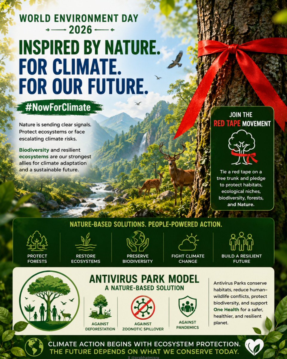 prabhatmisra's tweet photo. ๐ Happy #WorldEnvironmentDay2026!
"#InspiredByNature. #ForClimate. #ForOurFuture."
#Nature isn't just our home โ it's our climate shield.
Nature is sending clear signals: protect ecosystems or face escalating climate risks. Forests, wetlands, grasslands, and biodiversity are our strongest allies for climate resilience, adaptation, and humanity's best defense against climate chaos.
It's #NowForClimate ๐ฟ
Join the @RedTapeMovement: Tie a red tape on a tree trunk and pledge to protect habitats, ecological niches, biodiversity, forests, and Nature. Every protected tree strengthens our planet's future.
The @AntivirusPark model offers a #naturebasedsolution to combat deforestation, reduce zoonotic spillover risks, enhance biodiversity, and build resilience against future pandemics through the #OneHealth approach.
#ClimateAction begins with #ecosystemprotection. The future depends on what we conserve today. ๐ณ
Let's celebrate #WorldEnvironmentDay ๐๐
#RedTapeMovement #Biodiversity #AntivirusPark #ForNature #sdg13