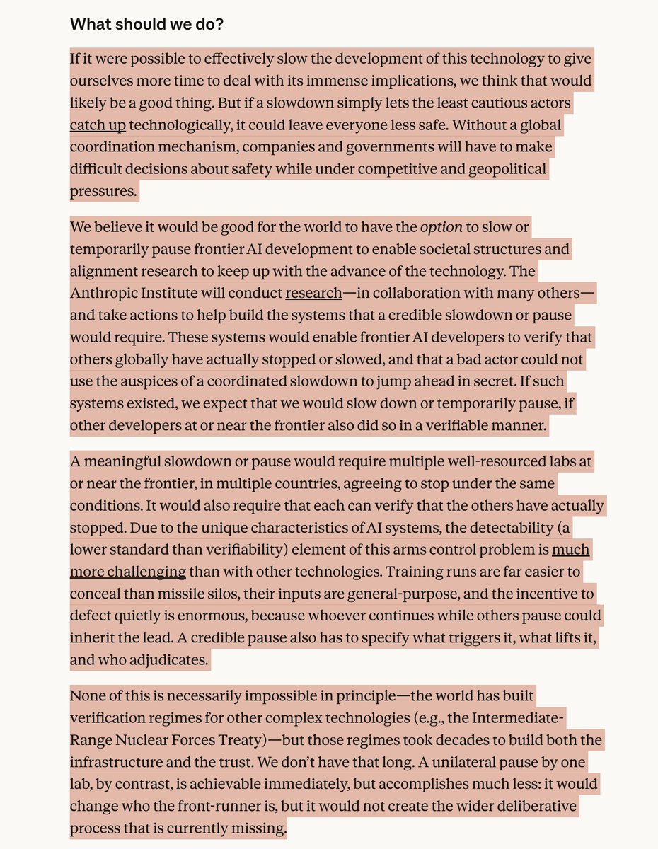 clintbetts's tweet photo. Anthropic is calling for a collective pause (or slowdown) in AI development.

They must know this isn't going to happen, which makes one wonder why they're calling for it anyway.

Is this their Pontius Pilate moment? Washing their hands of whatever comes next. https://t.co/5FtWsiYYSV