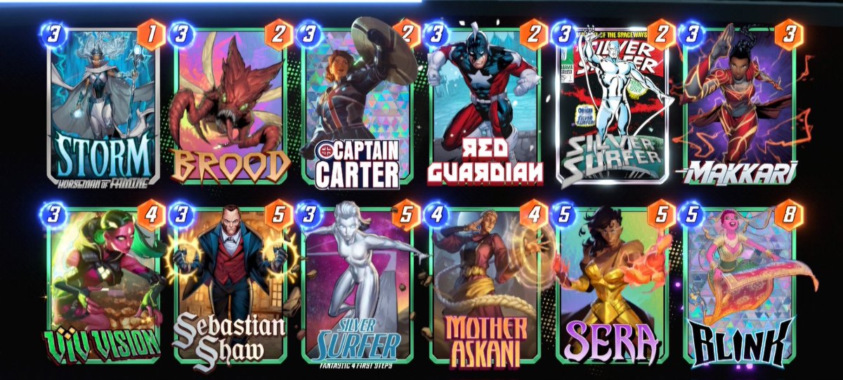 Mapo117's tweet photo. Llegué a infinino en el 2do día de la temporada.

70-90 Silver Surfer
80-95 Techno-Organic Virus con Shadow King
95-100 Galactus.

Este meta de Jeff/Venus me es particularmente molesto pero creo que estos 3 decks (sobre todo TOV y Galactus) son buenos contra el meta actual. https://t.co/5Np3DhHNDb