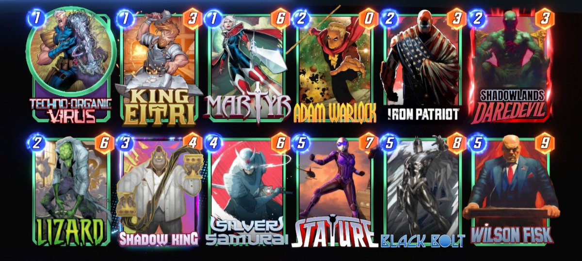 Mapo117's tweet photo. Llegué a infinino en el 2do día de la temporada.

70-90 Silver Surfer
80-95 Techno-Organic Virus con Shadow King
95-100 Galactus.

Este meta de Jeff/Venus me es particularmente molesto pero creo que estos 3 decks (sobre todo TOV y Galactus) son buenos contra el meta actual. https://t.co/5Np3DhHNDb