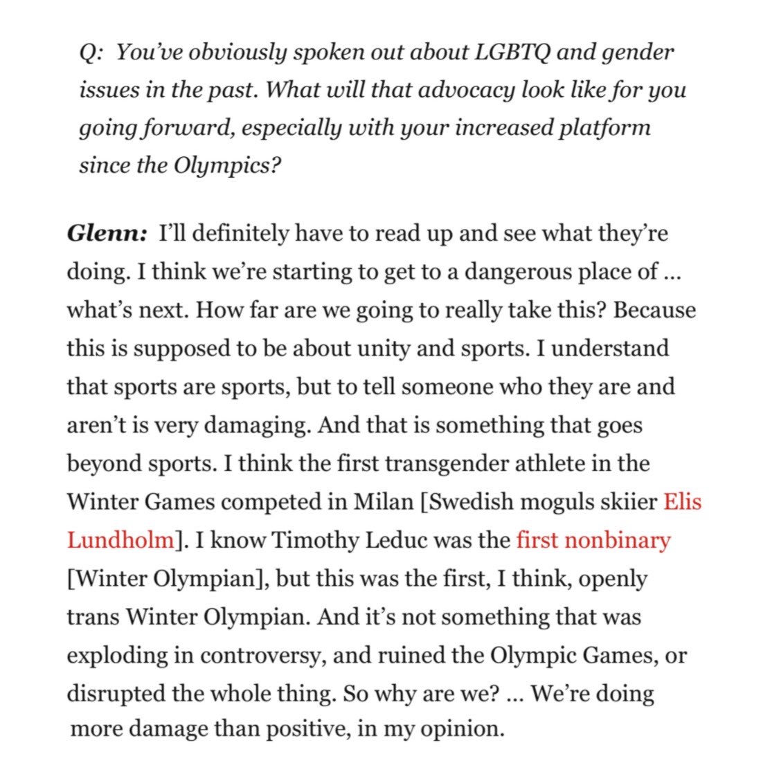 AmberGlennDaily's tweet photo. “I think we're starting to get to a dangerous place of ... what's next. How far are we going to really take this? Because this is supposed to be about unity and sports. I understand that sports are sports, but to tell someone who they are and aren't is very damaging. And that is something that goes beyond sports.”