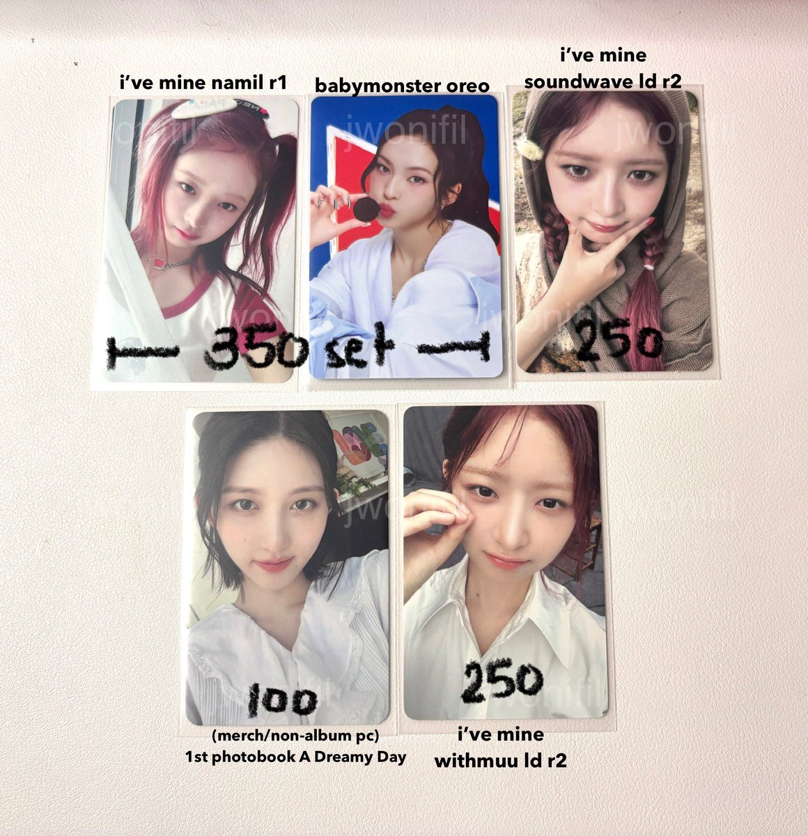 jwonifil's tweet photo. ᯓ wts gg lfb pc ph

𓄲 ive babymomster photocards
⭑ ₱ on pic

payo once oc sent
onhand — mint,✖️sensi (vid/photo once paid)

t. gaeul yujin rei wonyoung liz leeseo dreamy day summer beach story ver i’ve mine namil soundwave withmuu r1 lucky draw ld pob oreo chiquita photocard https://t.co/h81CtJCuMW