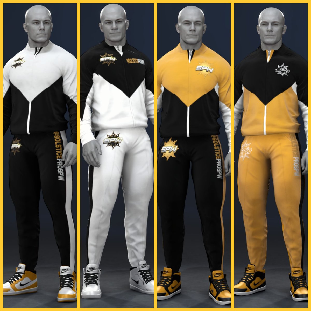 TeamGrimm's tweet photo. In collaboration with @freespacesandie and the promotion @SolsticeProSPW, we bring you SPW-branded tracksuits! The tags are SPW, TGC, and SandieCaws. Please enjoy and check out Solstice Pro! ☀️😁🤙🏾 #WWE2K26 https://t.co/JKRLlD40DE