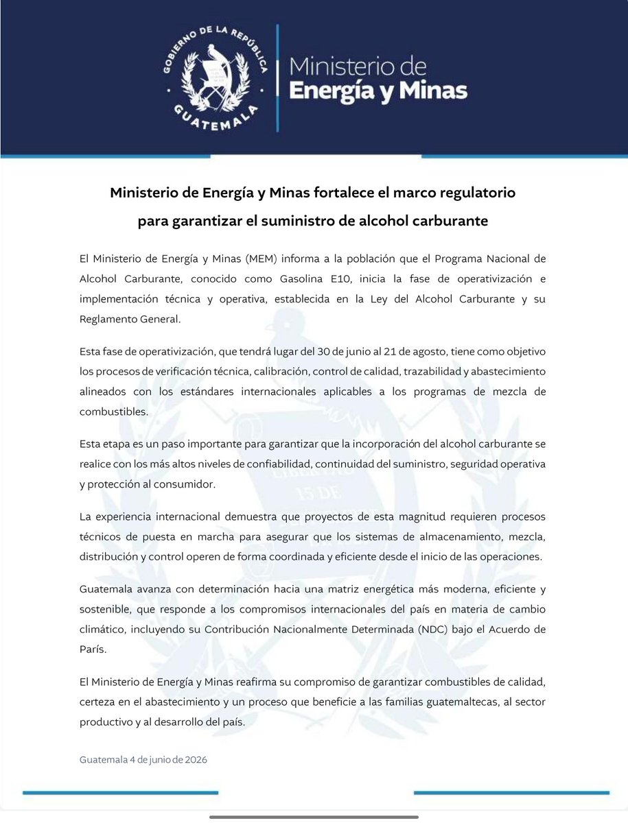 Heidi_Loarca's tweet photo. 🚨 Del 30 de junio al 21 de agosto el Ministerio de Energía y Minas estará realizando el proceso de operativización de la implementación de la mezcla etanol 10%-gasolina 90%, conocida como E10 , la cual será de uso obligatorio a nivel nacional. 👇 https://t.co/hAggGJ7nbh