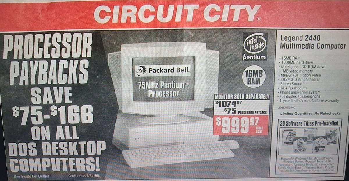 The_DI_Channel's tweet photo. @alphafox Back in the day despite some shady things done by Packard Bell you couldn't beat the bundling of software and hardware 
I used much of the software long after my PB was gone and the monitor and the keyboard and mouse as well https://t.co/88t36uR0Rv