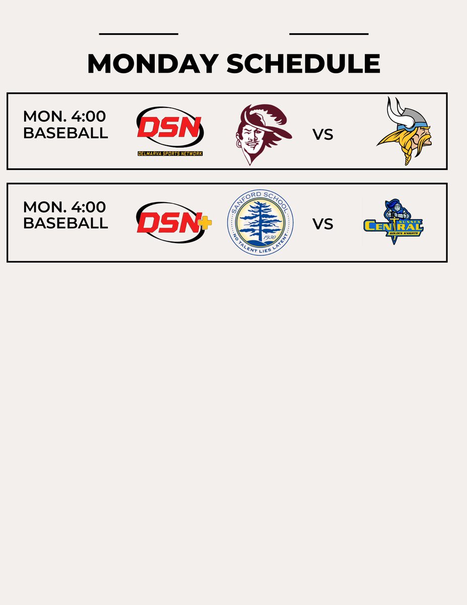 DelmarvaSports's tweet photo. It’s official! 

DSN will have TWO quarterfinal games of the @DIAA_Delaware baseball playoffs on Monday. 

Caravel vs Cape Henlopen will be on our main channel.

@SanfordBase vs @Central_Base will be on DSN+

#LocalTeamsBigDreams https://t.co/DQ0OFna0fQ