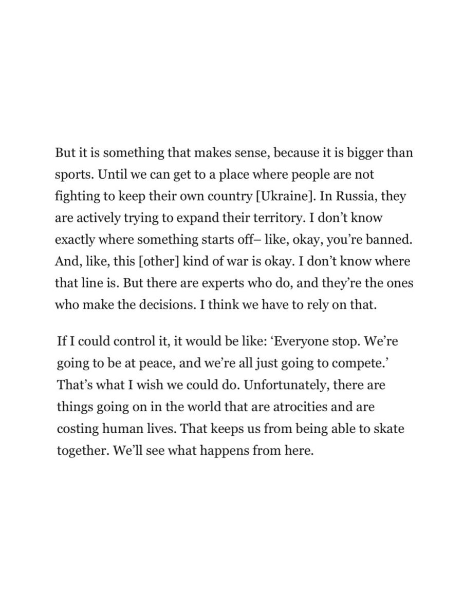 AmberGlennDaily's tweet photo. “It's hard, because a lot of these Russian athletes-it's not their fault. They didn't start it [the war]. But unfortunately, they're connected through their federation. Their federation is connected to, and sponsored by, the Russian government. So there are direct ties. Whereas U.S. Figure Skating is its own entity. It does not receive government funding. So that is where things get muddy and complicated.” 

͢   On the Russian ban.