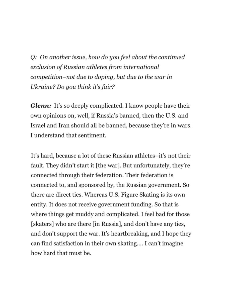 AmberGlennDaily's tweet photo. “It's hard, because a lot of these Russian athletes-it's not their fault. They didn't start it [the war]. But unfortunately, they're connected through their federation. Their federation is connected to, and sponsored by, the Russian government. So there are direct ties. Whereas U.S. Figure Skating is its own entity. It does not receive government funding. So that is where things get muddy and complicated.” 

͢   On the Russian ban.