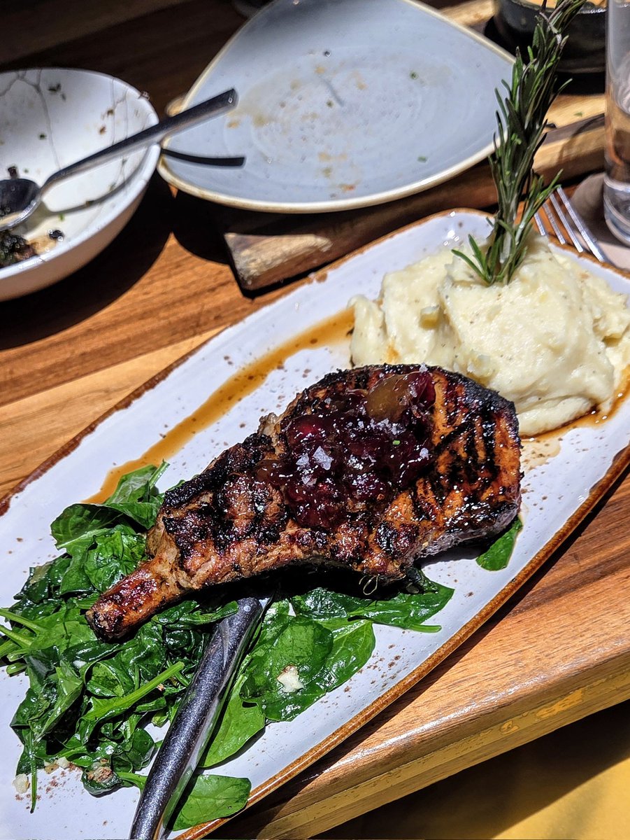 jacktla's tweet photo. Special occasion lunch🍽️
-Grilled cheese w petit basque, gruyere, parmesan, caramelized onion, mustard, garlic aioli, 🍅 bisque
-Brussels sprouts, roasted almonds, currants, lemon herb vinaigrette
-Bone-in pork chop, cajun rub, cran-mango compote, sautéed spinach, mashed potatoes https://t.co/rdFnyTLwSc