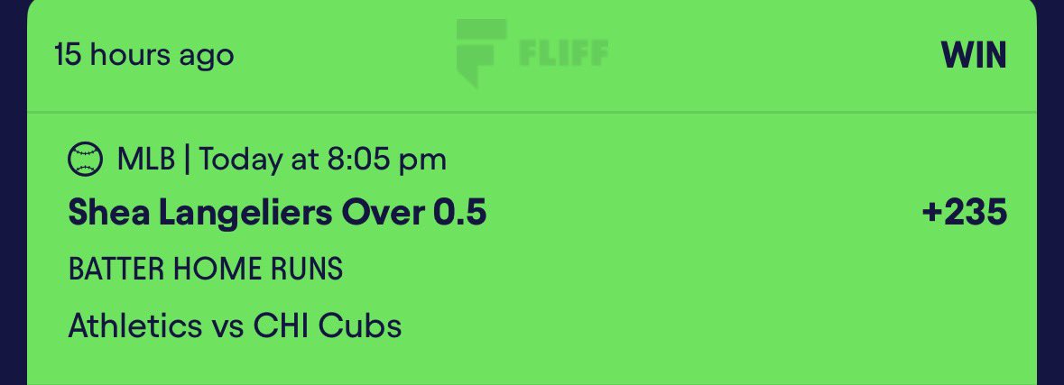 Boomin_Bets's tweet photo. Cashed our HR straight 💰

No list of 25+ guys 
Just 1 lay and I pick my favorite player and play him straight 🏆

Shea HR +235 ✅

Get all my plays here ⬇️

https://t.co/O3aZWzNW69 https://t.co/s9OWzC5351
