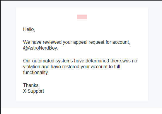 AstroNerdBoy's tweet photo. I guess the "we've carefully reviewed your account and found it in violation" was in fact incorrect. 🤡 https://t.co/lQOhjxOP9t