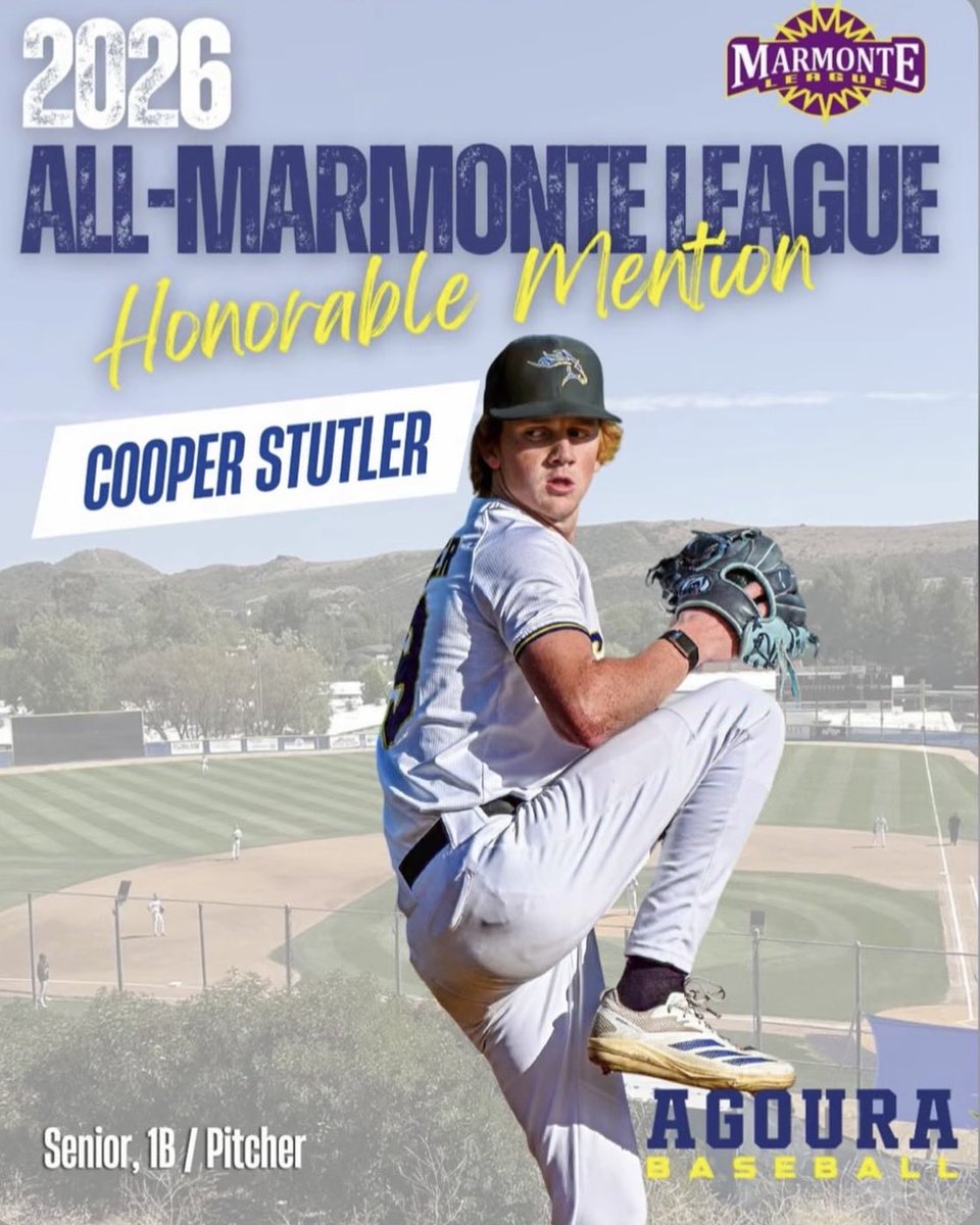 Agoura_Baseball's tweet photo. Cooper Stutler @cooperstutler26, Agoura HS — Earned Honorable Mention All-Marmonte League recognition following a strong season for the Chargers. Stutler consistently contributed in key moments, bringing toughness, versatility, and a team-first mentality every time he stepped on the field. His hard work, dedication, and impact throughout the season helped drive Agoura’s success and earned him well-deserved recognition among the league’s top players. Congratulations on a great season and a well-earned honor. #AllMarmonteLeague #AgouraBaseball