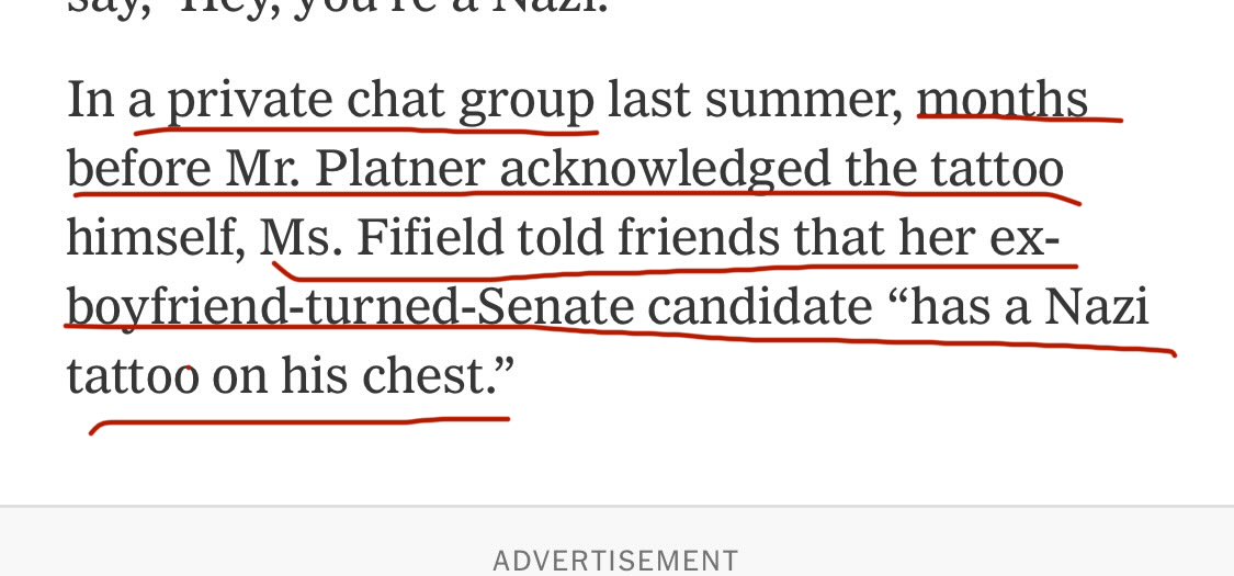 davidzweig's tweet photo. Fifield sent a text in August referring to Platner having a Nazi tattoo. But Platner has been saying he didn’t know its meaning until October. How is this not conclusive that Platner has been lying through his teeth? Did she get in a Time Machine to send the text? https://t.co/al1AMumY4V