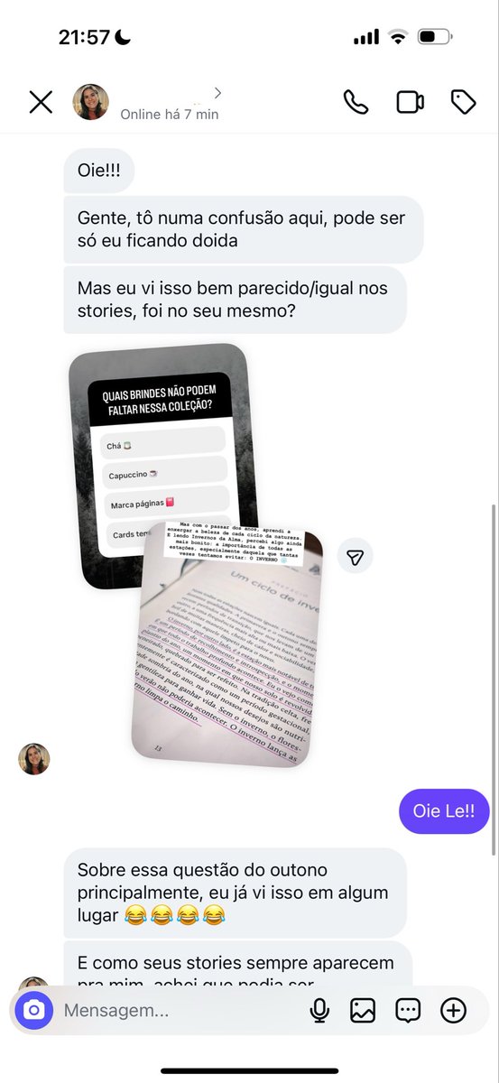 khaleesiys's tweet photo. a cliente me mandando que uma querida literalmente COPIOU E COLOU o texto que postei nos stories da minha loja 😹 

povo tá sem criatividade até pra story https://t.co/FNaCASen2S
