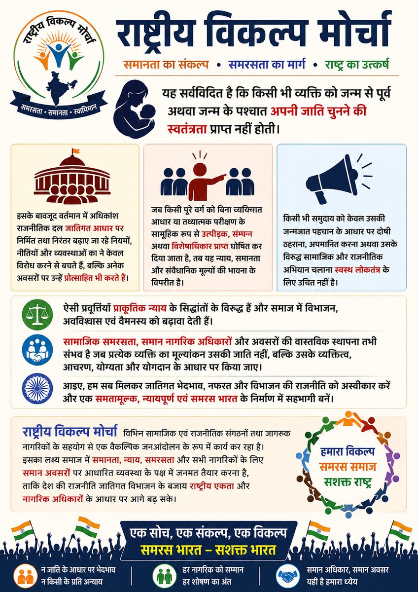 ipsjkishore08's tweet photo. यह सर्वविदित है कि किसी भी व्यक्ति को जन्म से पूर्व अथवा जन्म के पश्चात अपनी जाति चुनने की स्वतंत्रता प्राप्त नहीं होती। इसके बावजूद वर्तमान में अधिकांश राजनीतिक दल जातिगत आधार पर निर्मित तथा निरंतर बढ़ाए जा रहे नियमों, नीतियों और व्यवस्थाओं का न केवल विरोध करने से बचते हैं, बल्कि अनेक अवसरों पर उन्हें प्रोत्साहित भी करते दिखाई देते हैं।
जब किसी पूरे वर्ग को बिना व्यक्तिगत आधार या तथ्यात्मक परीक्षण के सामूहिक रूप से उत्पीड़क, सम्पन्न अथवा विशेषाधिकार प्राप्त घोषित कर दिया जाता है, तब यह न्याय, समानता और संवैधानिक मूल्यों की भावना के विपरीत है। किसी भी समुदाय को केवल उसकी जन्मजात पहचान के आधार पर दोषी ठहराना, अपमानित करना अथवा उसके विरुद्ध सामाजिक और राजनीतिक अभियान चलाना स्वस्थ लोकतंत्र के लिए उचित नहीं माना जा सकता।
ऐसी प्रवृत्तियाँ प्राकृतिक न्याय के सिद्धांतों के विरुद्ध हैं तथा समाज में विभाजन, अविश्वास और वैमनस्य को बढ़ावा देती हैं। सामाजिक समरसता, समान नागरिक अधिकारों और अवसरों की वास्तविक स्थापना तभी संभव है जब प्रत्येक व्यक्ति का मूल्यांकन उसकी जाति नहीं, बल्कि उसके व्यक्तित्व, आचरण, योग्यता और योगदान के आधार पर किया जाए।
इन्हीं उद्देश्यों को लेकर राष्ट्रीय विकल्प मोर्चा विभिन्न सामाजिक एवं राजनीतिक संगठनों तथा जागरूक नागरिकों के सहयोग से एक वैकल्पिक जनआंदोलन के रूप में कार्य कर रहा है। इसका लक्ष्य समाज में समानता, न्याय, समरसता और सभी नागरिकों के लिए समान अवसरों पर आधारित व्यवस्था के पक्ष में जनमत तैयार करना है, ताकि देश की राजनीति जातिगत विभाजन के बजाय राष्ट्रीय एकता और नागरिक अधिकारों के आधार पर आगे बढ़ सके।