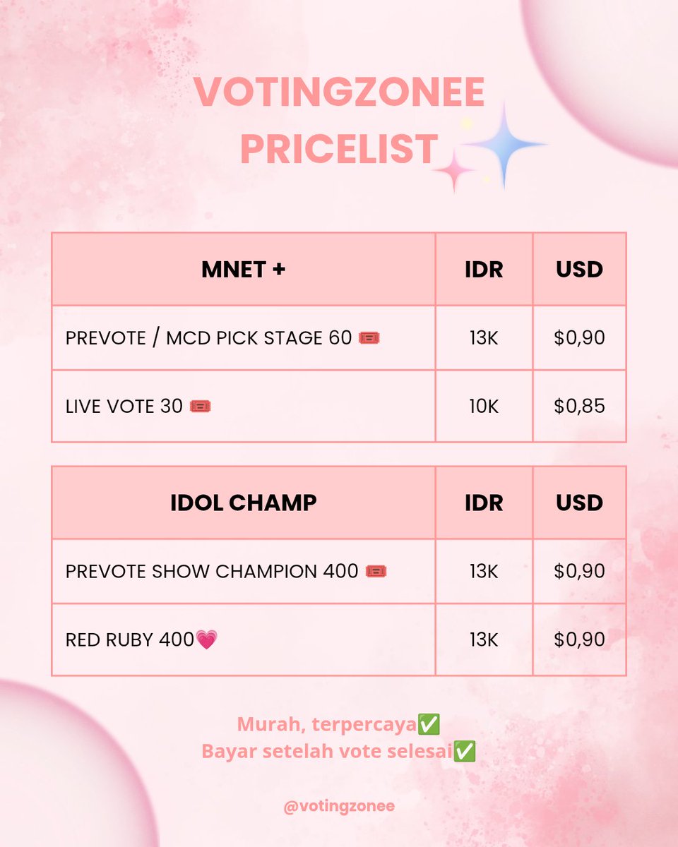 votingzonee's tweet photo. votingzonee, pricelist
Bayar setelah vote selesai. Harga terjangkau + bisa negosiasi lagi🙌🏻✨

Dm aja jika mau order🛒

wts want to sell selling sell buy vote inkigayo ruby live votes voting show music bank prevoting prevote pre-vote mcountdown mnet mnet+ https://t.co/zRzhdMnyub