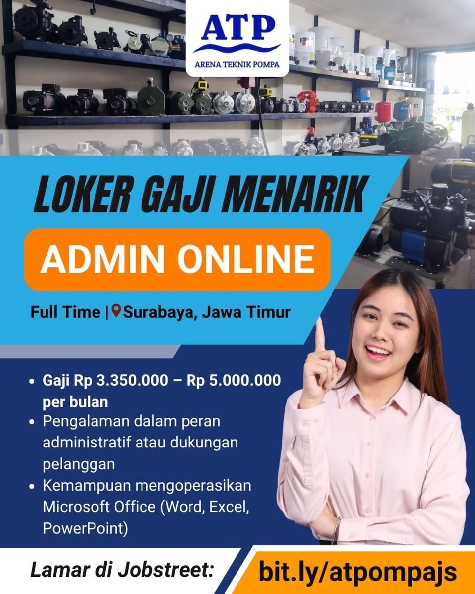 Kerjacareer's tweet photo. LOKER GAJI MENARIK

Arena Teknik Pompa lagi butuh karyawan buat posisi :
 ○ Admin Online

Yuk baca syarat dan kualifikasinya terus lamar deh

Lokasi 
📍Surabaya, Jawa Timur

#lokersurabayatop #jobstreetindonesia #jsid #lowongansurabaya #infolokersurabaya https://t.co/awySYir5fQ